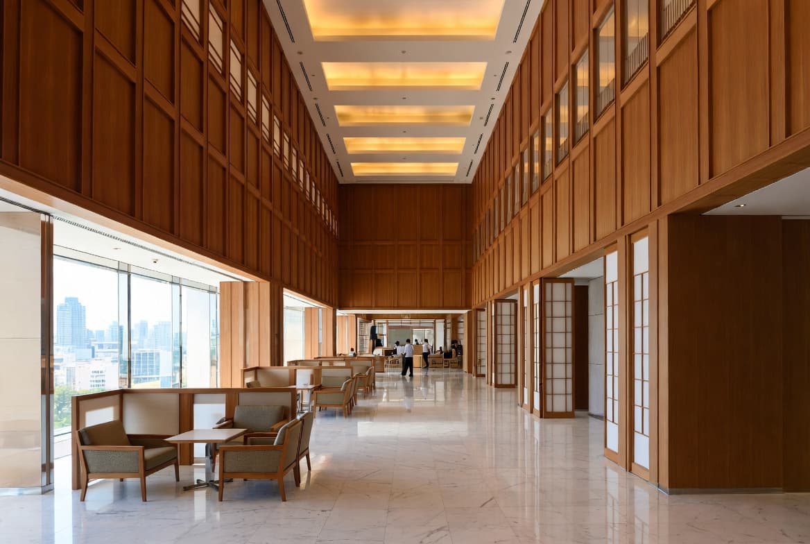 Nihonbashi Bank lounge, a wood-paneled banking hall overlooking the Tokyo skyline